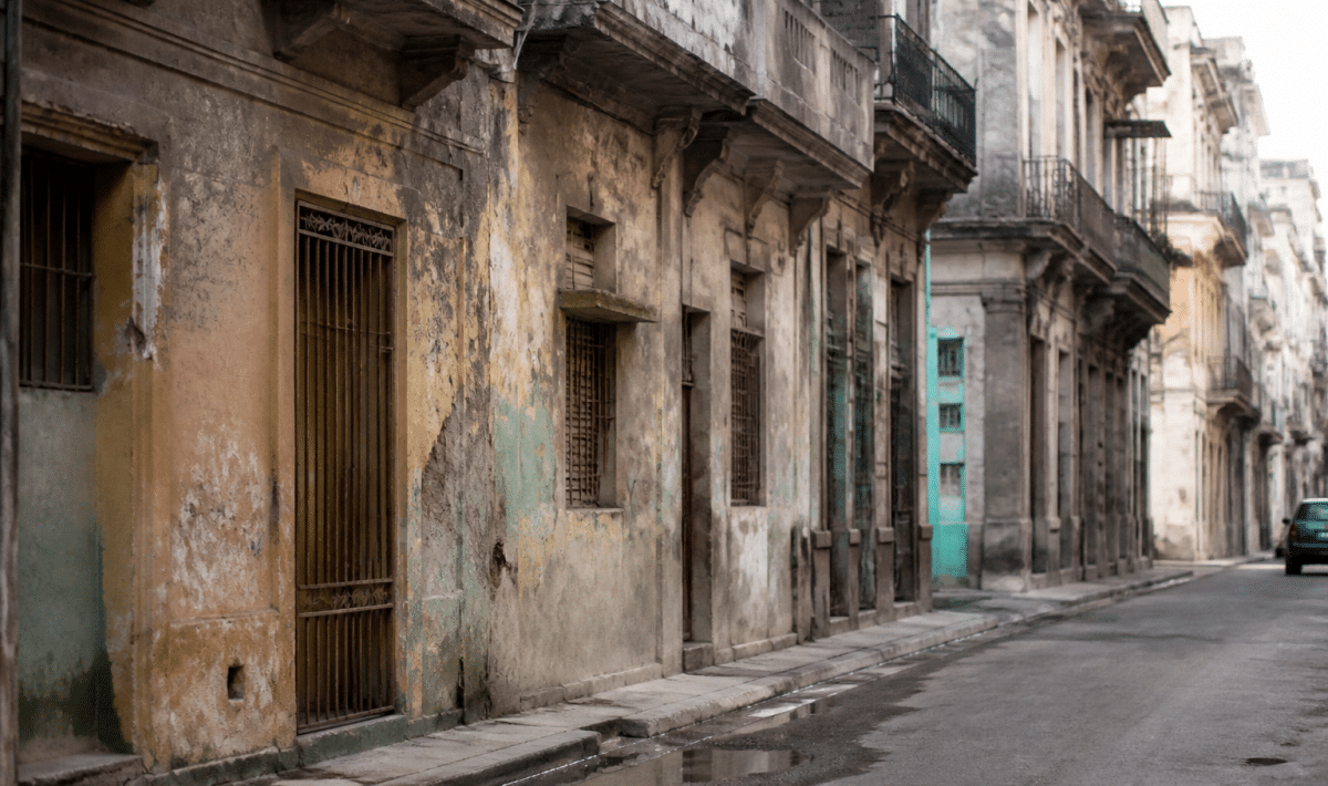 Rue urbaine avec immeubles degrades et facades patinees