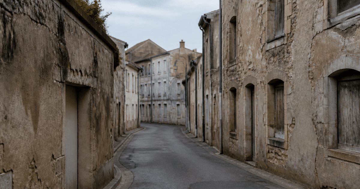 Rues desertes de La Rochelle avec batiments delabres en arriere-plan