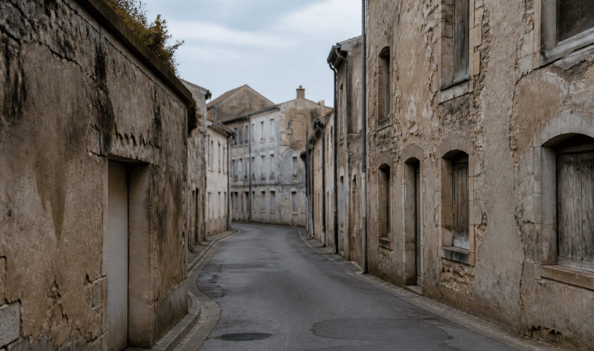 Rues desertes de La Rochelle avec batiments delabres en arriere-plan