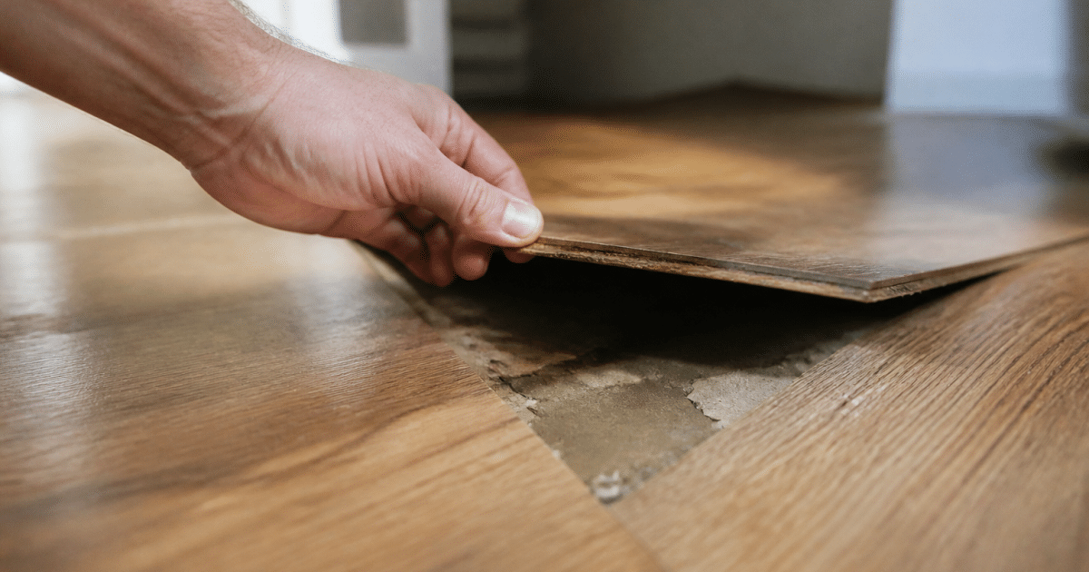 Main soulevant planche bois parquet flottant endommagee