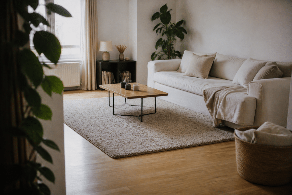 Salon chaleureux avec parquet clair et moquette beige épaisse