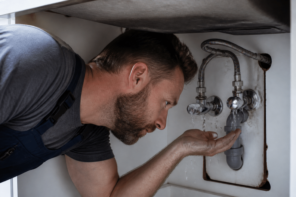 Main inspectant raccords humides sous robinets ouverts
