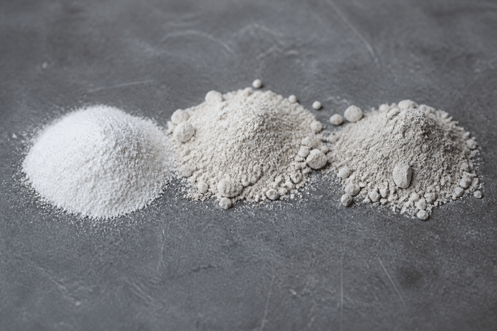 Trois types de mortier en poudre blanche sur surface grise