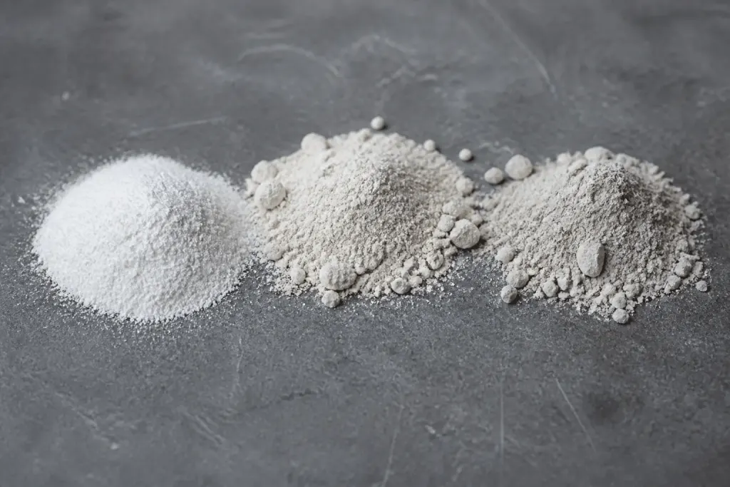 Trois types de mortier en poudre blanche sur surface grise