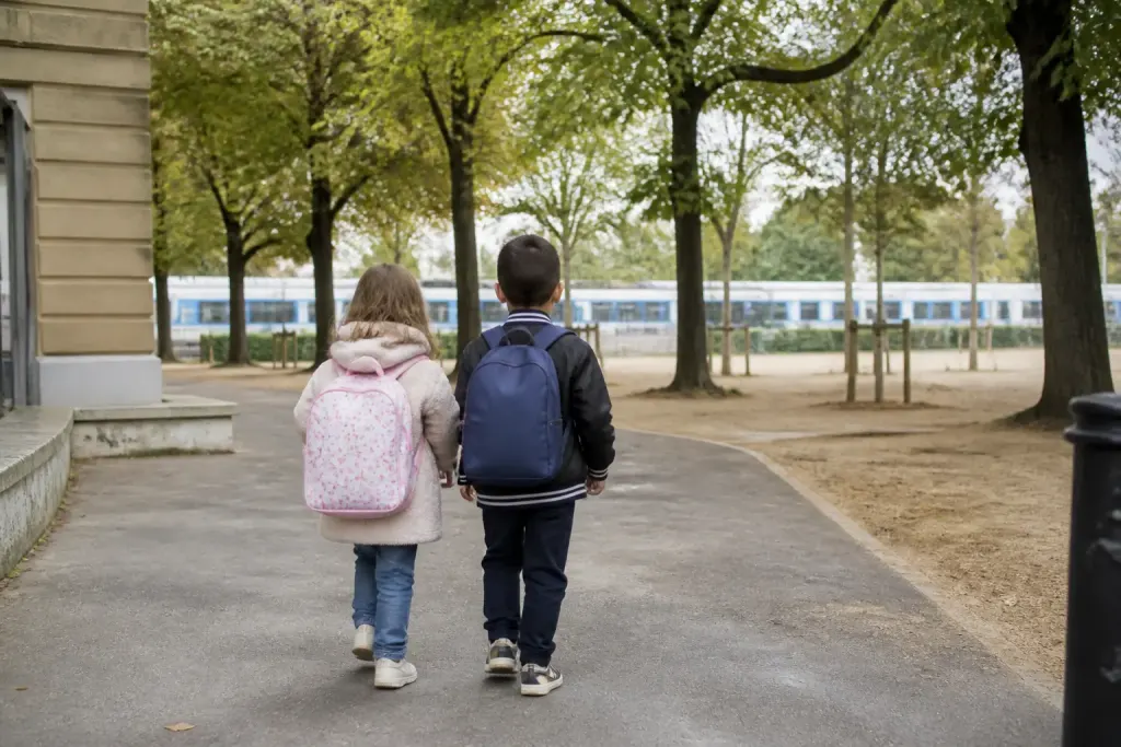 Enfants devant ecole parc arbres verts gare