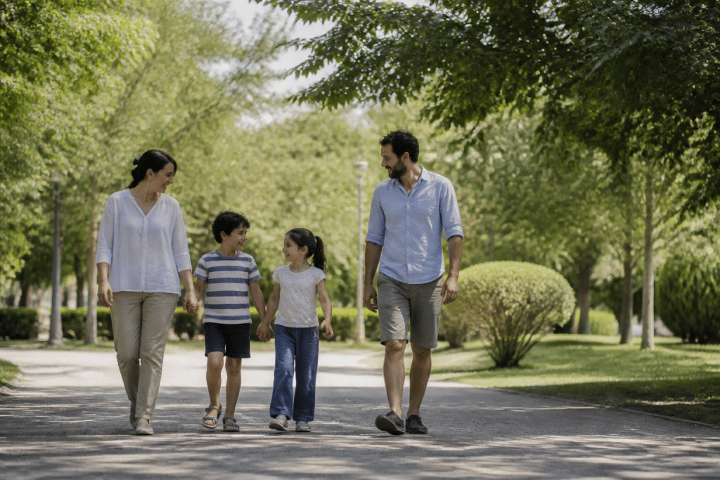 Familles heureuses dans parc verdoyant résidentiel calme.