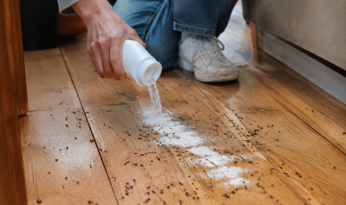 Personne versant poudre blanche sur parquet infeste de puces