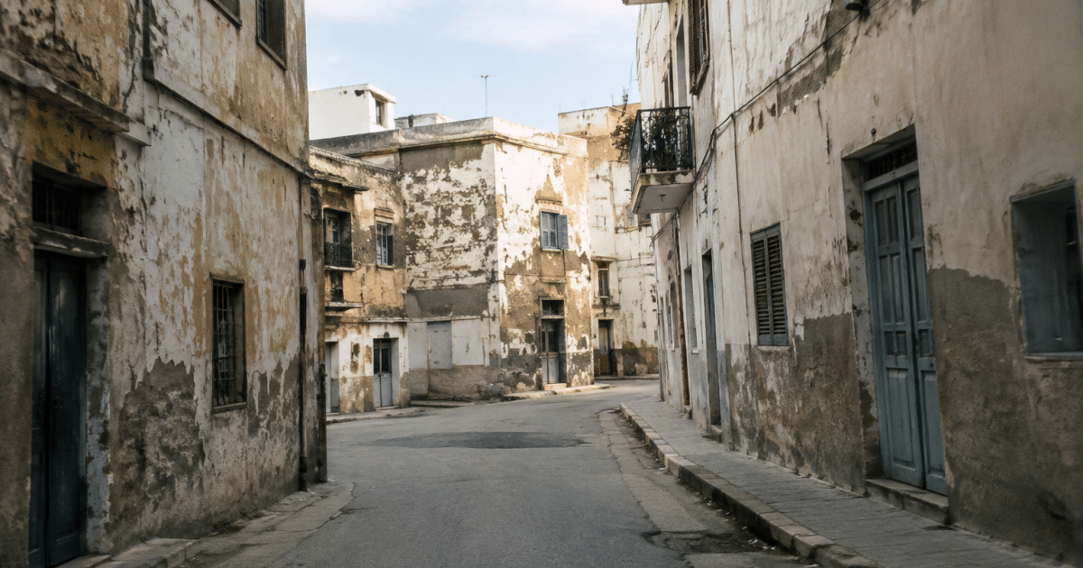 rues desertes avec batiments degrades en arriere-plan
