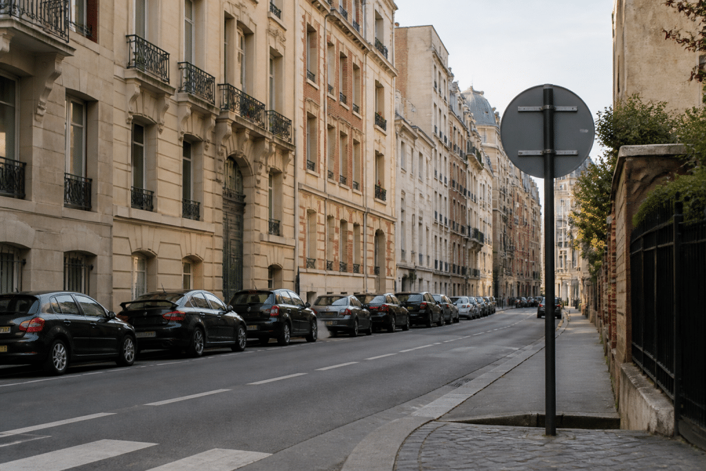 Rue de ville avec immeubles et panneaux routiers visibles