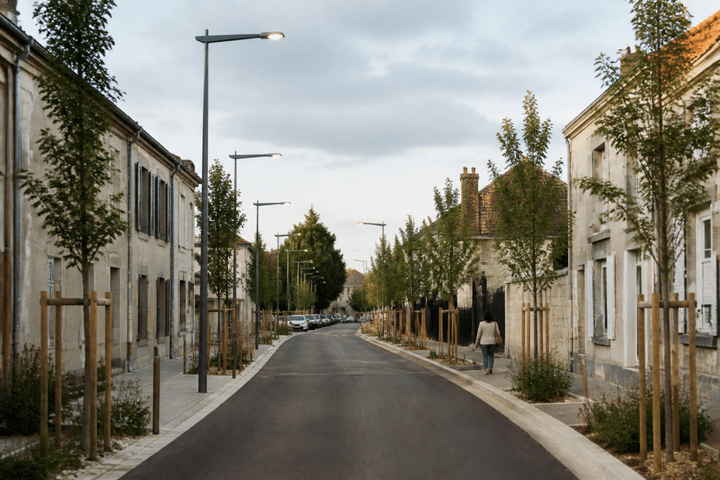 Rue rénovée avec nouveaux arbres et éclairage moderne