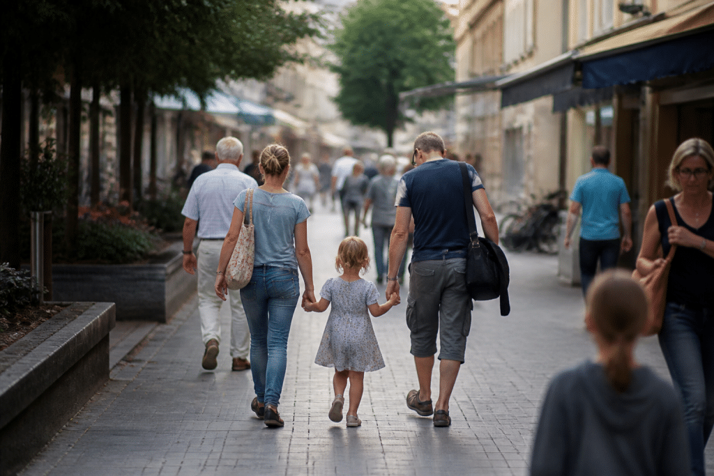 Rue piétonne animée avec commerces et familles en jour tranquille