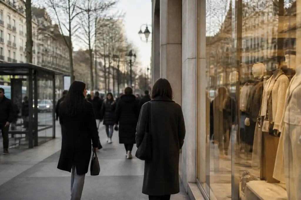 Rue commerciale avec vitrines et arret transports