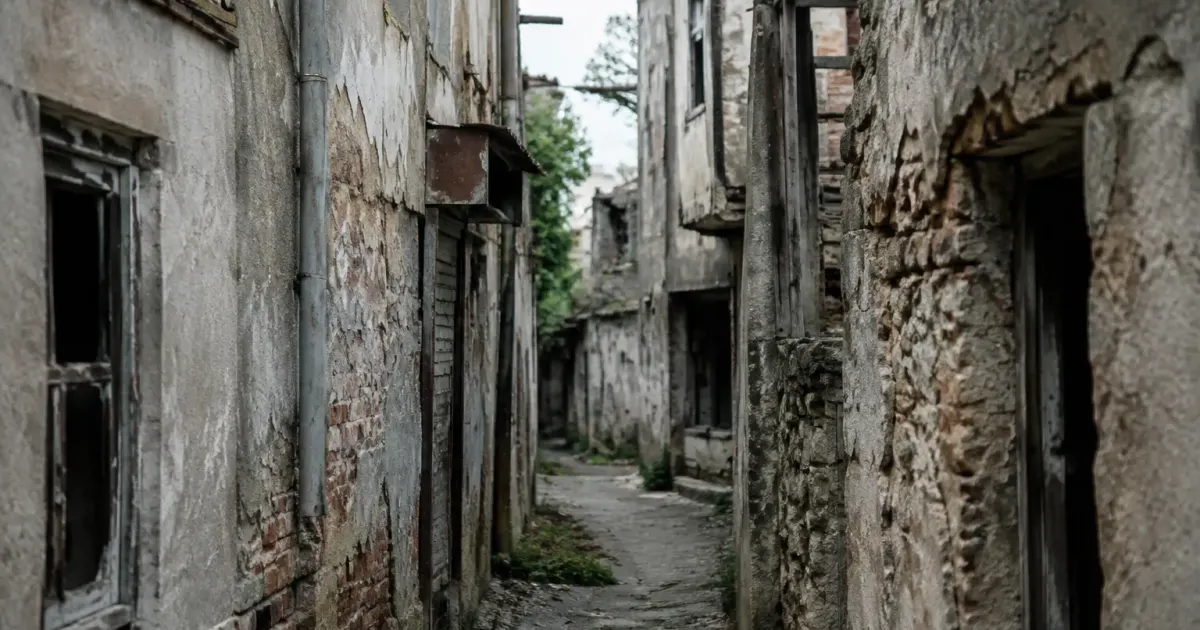 Ruelle etroite avec facades degradees et structures abandonnees