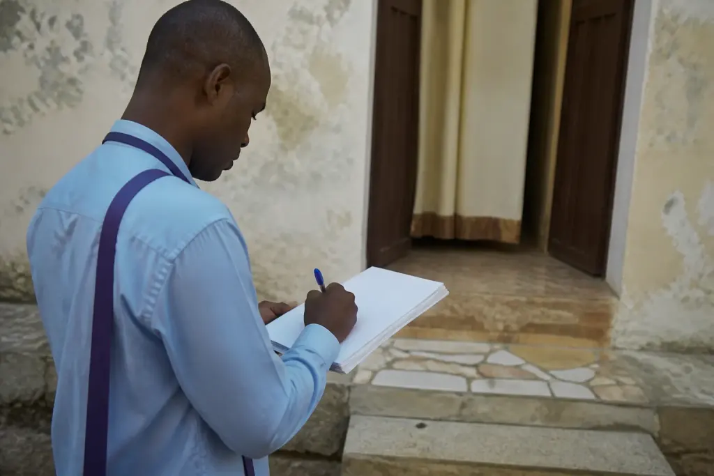 Agent recenseur remplit un formulaire papier devant une maison