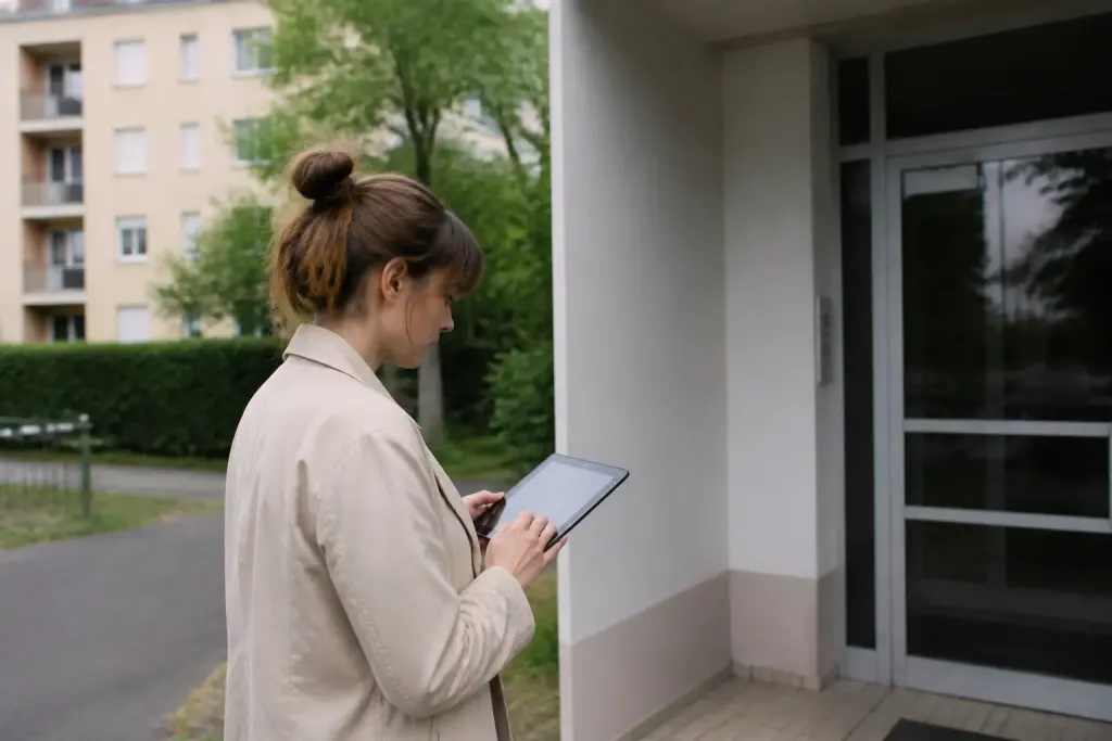 Agent recenseur tenant tablette devant immeuble residentiel