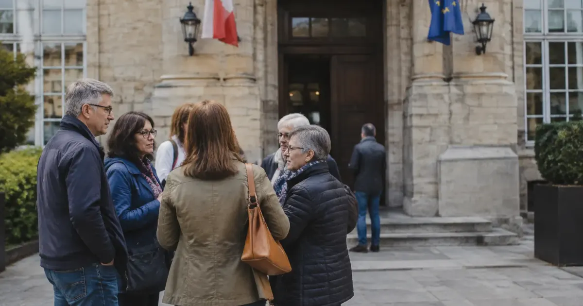 Groupe de personnes debout devant une mairie en pierre