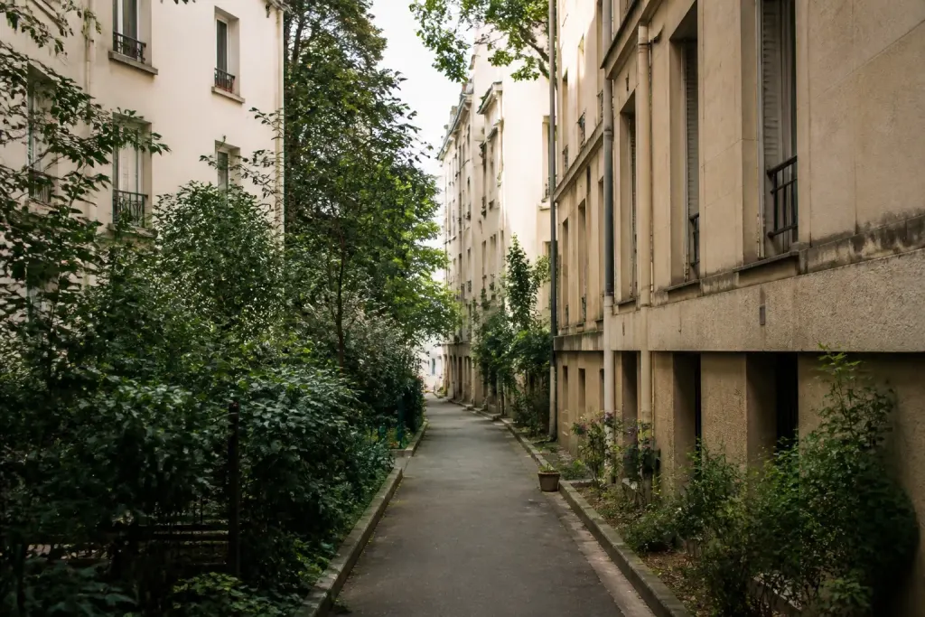 Immeubles proches avec routes etroites et petits parcs verts