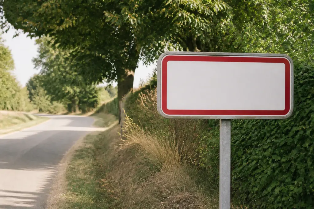 Panneau de village au bord d'une route de campagne