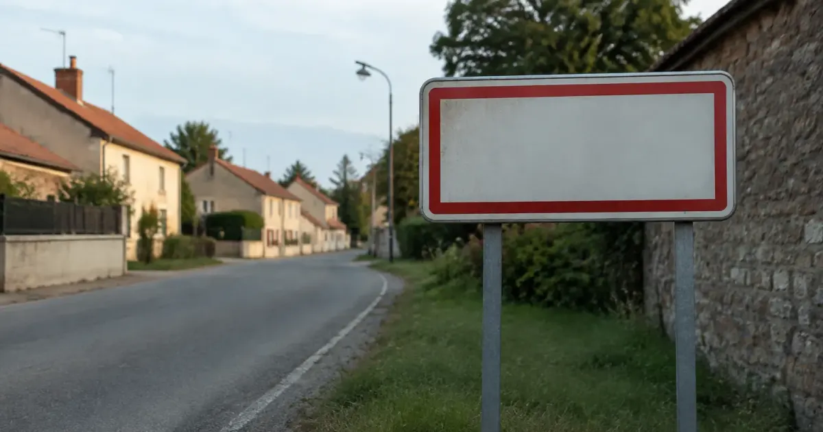Panneau de ville en bord de route, maisons basses