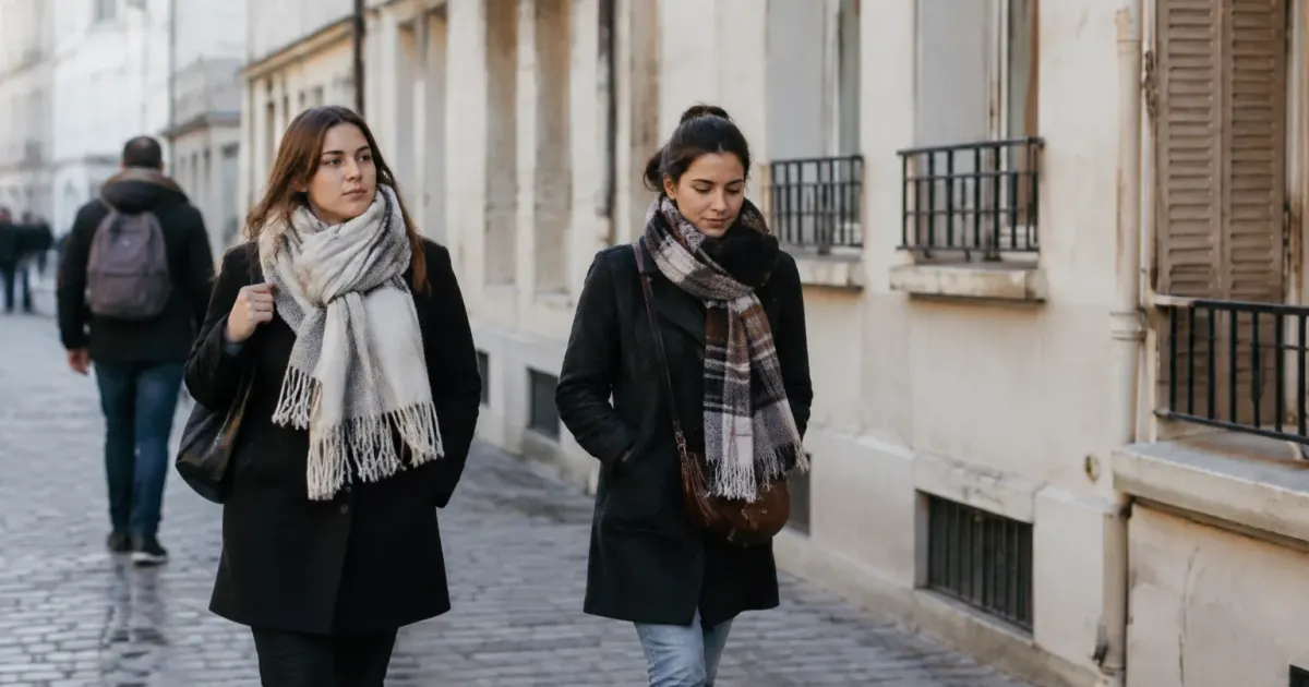 Passants marchant sur trottoir pave devant immeubles bas