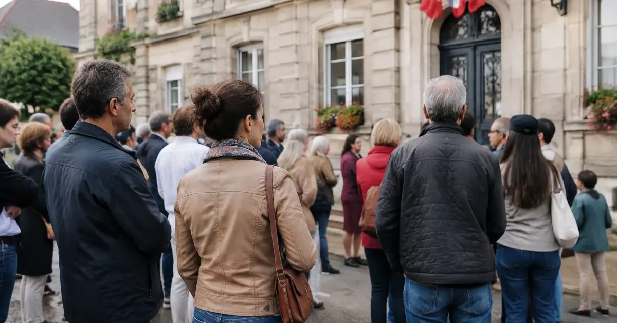 Residents assembles devant mairie sur place centrale