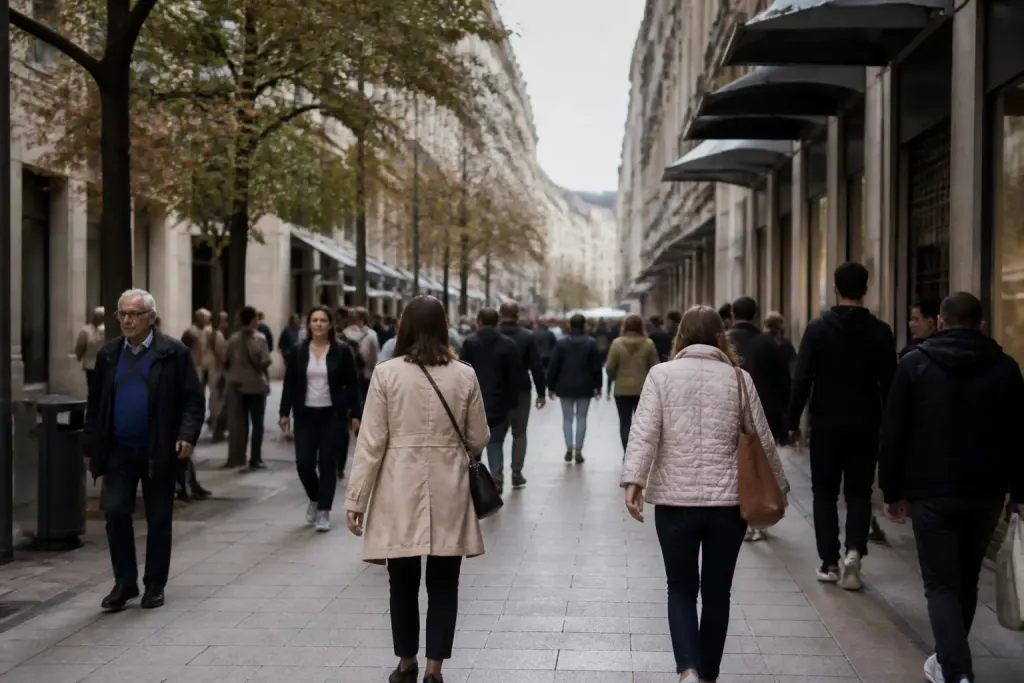 Rue commercante animee avec pietons et devantures