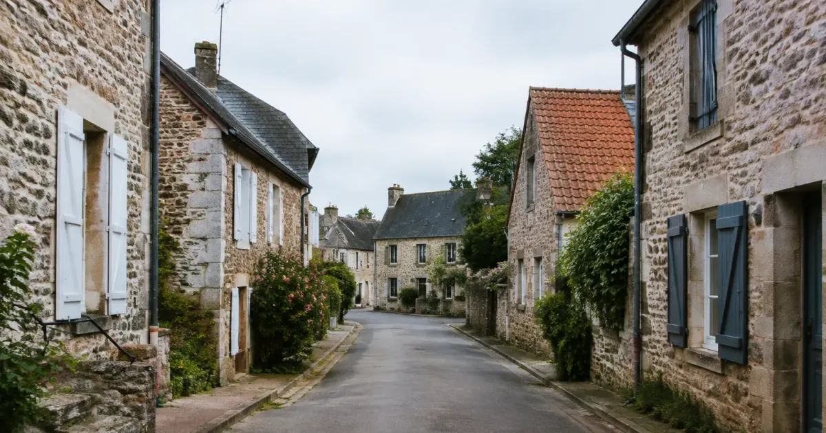 Rue pavillonnaire vue de face avec maisons en pierre