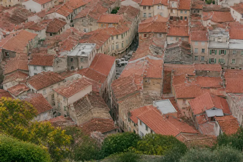 Vue aerienne sur une ville compacte aux toits rouges